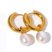 Load image into Gallery viewer, Pearl Charm Hoop Earrings | 18k Gold Plated