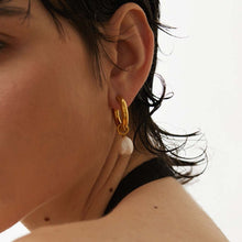 Load image into Gallery viewer, Pearl Charm Hoop Earrings | 18k Gold Plated